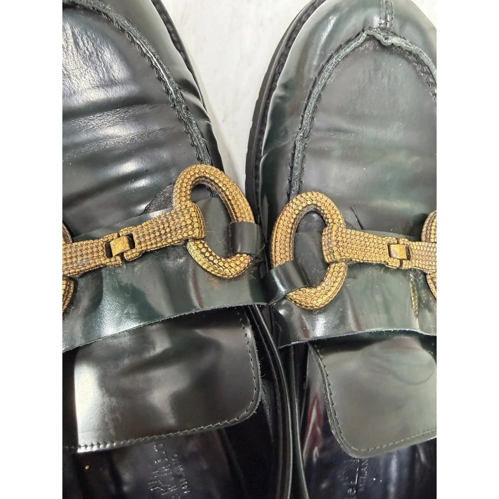 Michele Lopriore Milano Green Leather Horsebit Loafers Gold Buckle Made in Italy